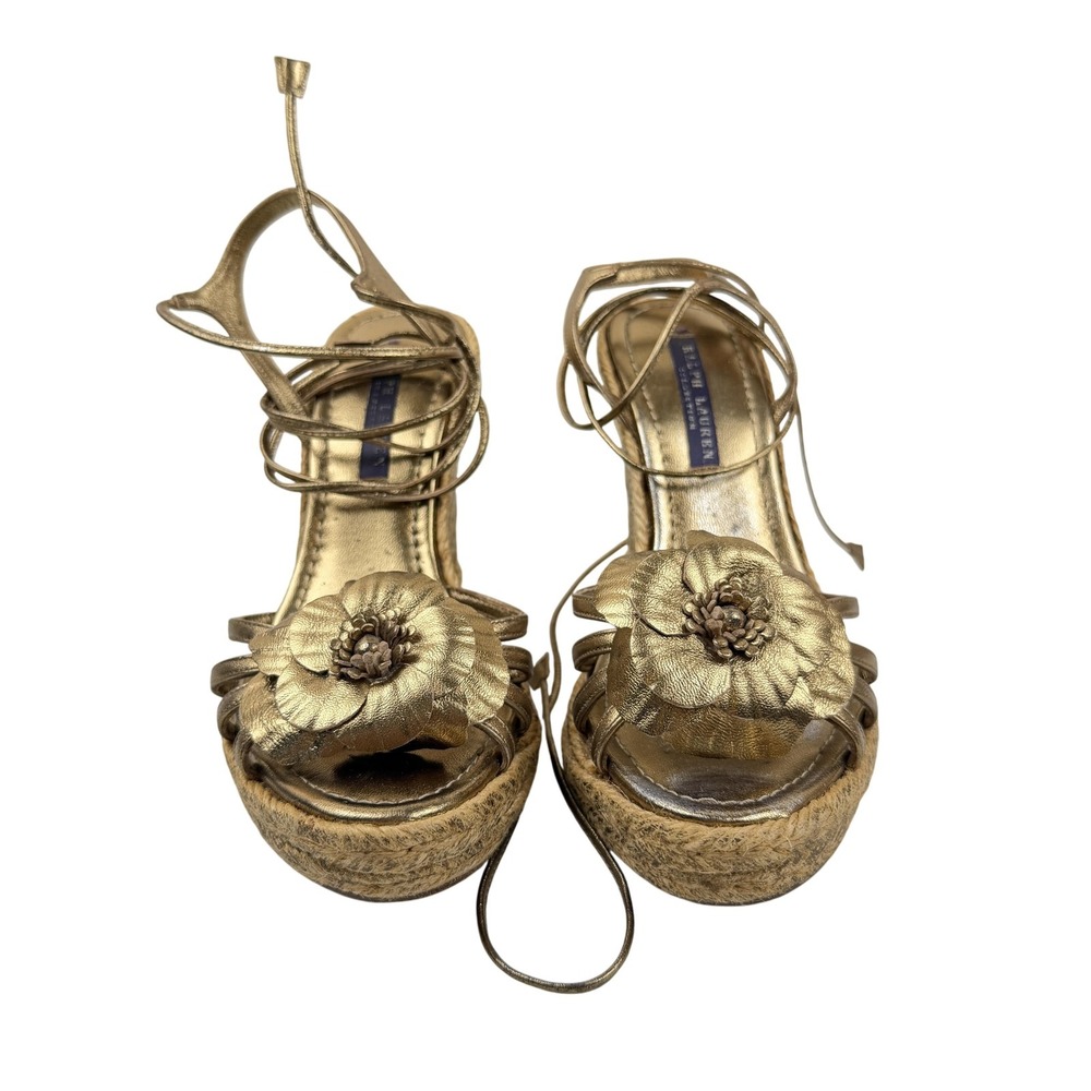 Ralph Lauren Purple Label Shoes Womens Size 7 Gold Espadrille Wedge Sandals Lace